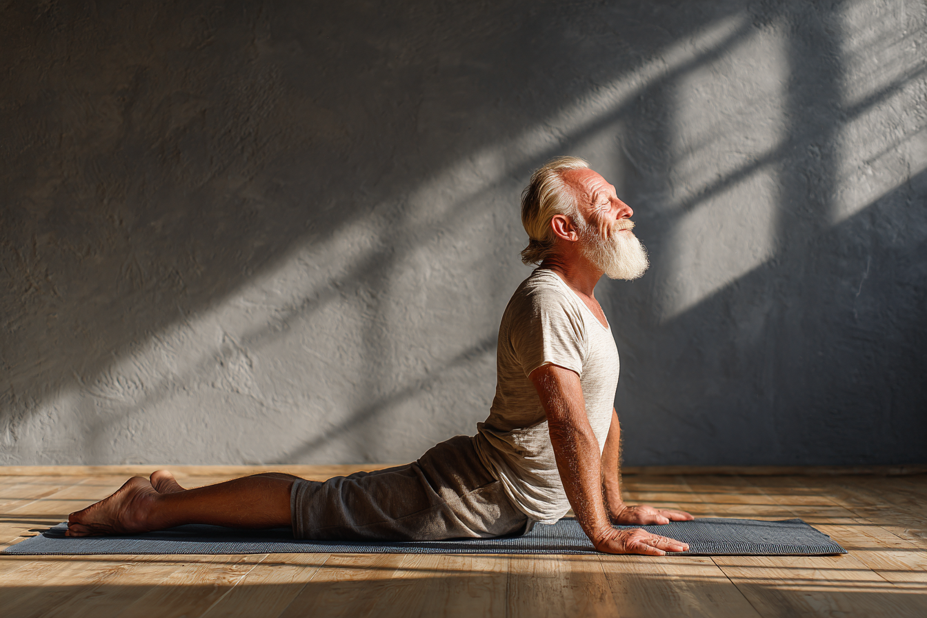 Група людей старшого віку виконує йогу в парку